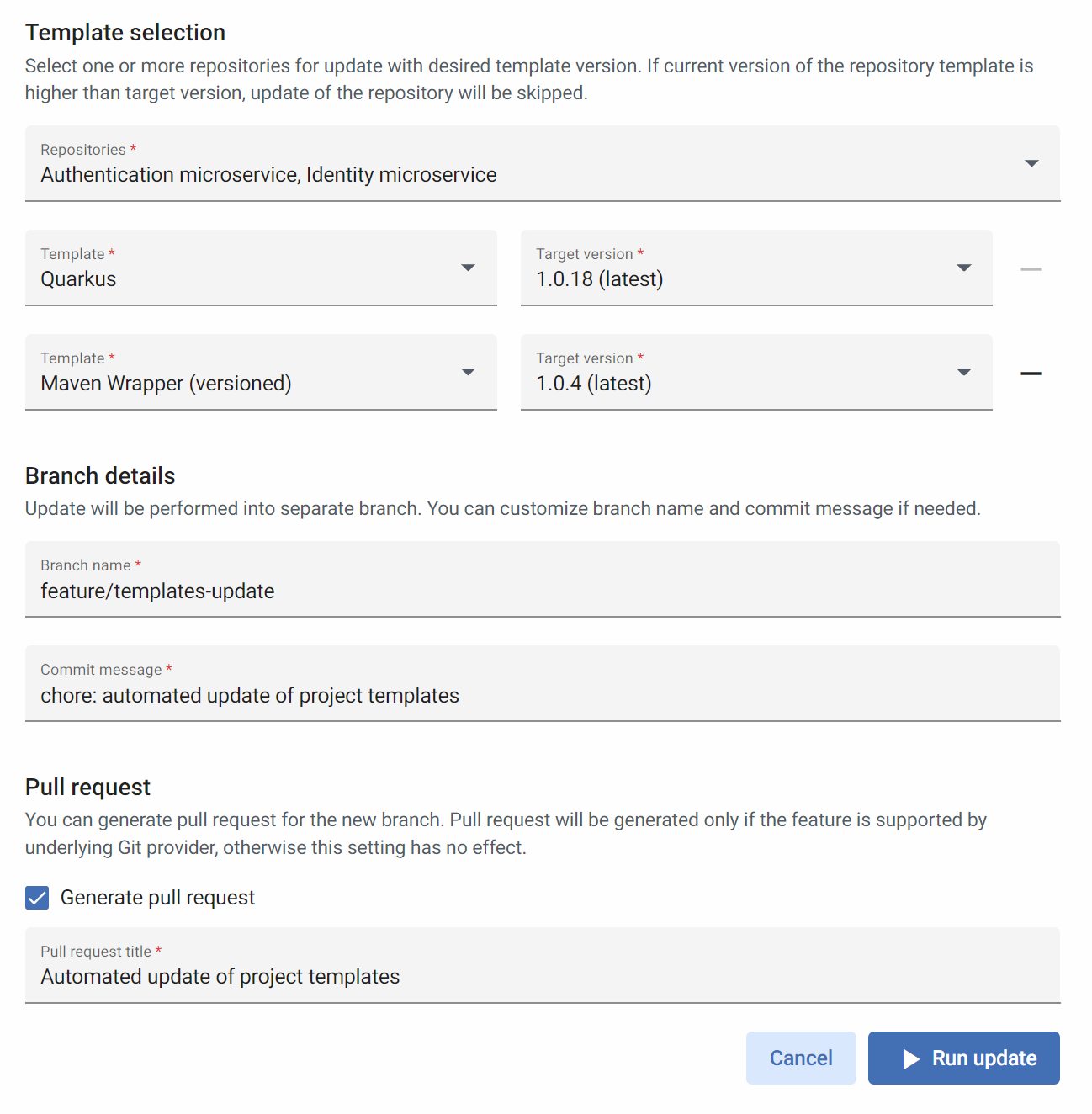 Managed repositories update page